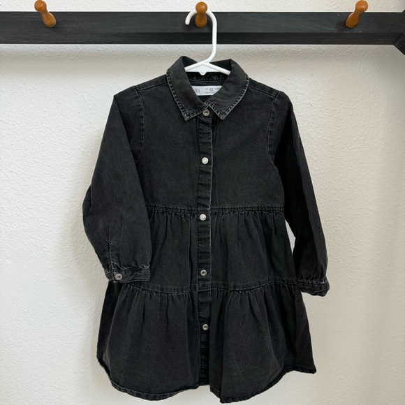 ZARA Kids Black Denim Tiered Shirt Dress - Picture 4 of 7